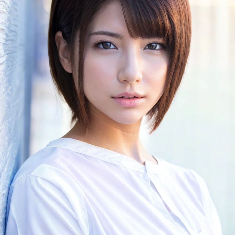 (highest quality, 8k, 32k, masterpiece), (Realistic), (Photorealistic:1.2), (High resolution), Very detailed, Very beautiful face and eyes, 1girl, Delicate body, (close, highest quality, Attention to detail, Rich skin detail), (highest quality, 8k), Very detailed, (Realistic, Realistic:1.37), Bright colors, (((Bust Shot))), (((Pure white wall background))), (((Look straight ahead)))