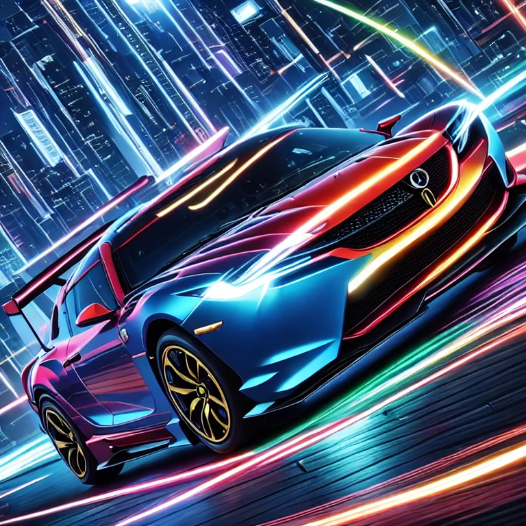 (masterpiece, best quality:1.2), 一台のサイバーパンクの車がスピード違反をしながらカーブを曲がっていく、Speeding、、、ホイールから火花、サイバーパンクの街