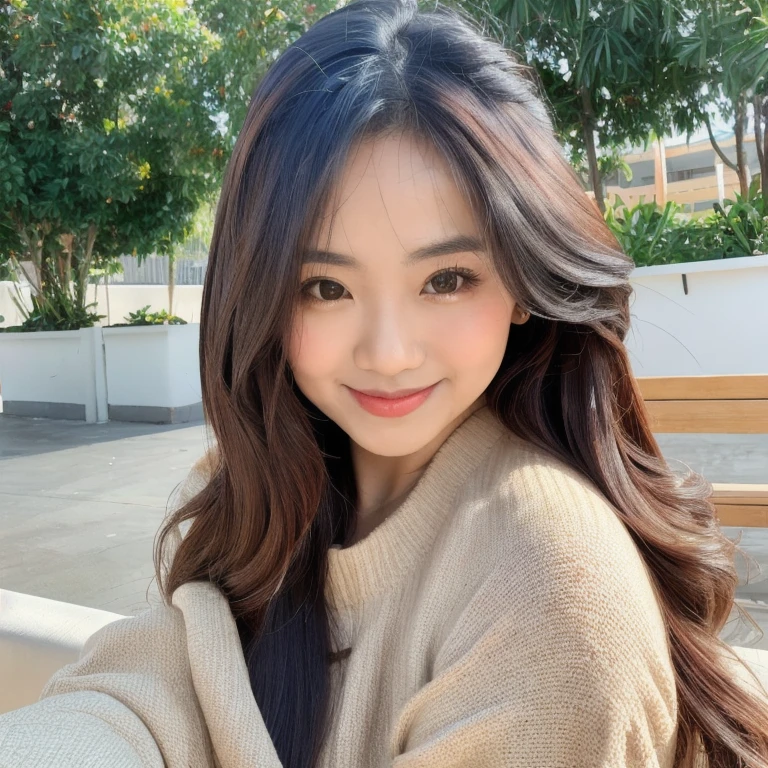 Indonesian girl, long curly hairstyle, cute, smile