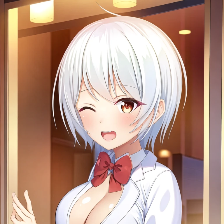 (masterpiece, best quality:1.2), 1girl, solo、白髪、(ショートヘア)、(目の間毛:0.7)(白髪)、((最高品質))、(傑作)、(リアルな影）、（被写界深度）、（複雑なディテール：1.4）巨乳