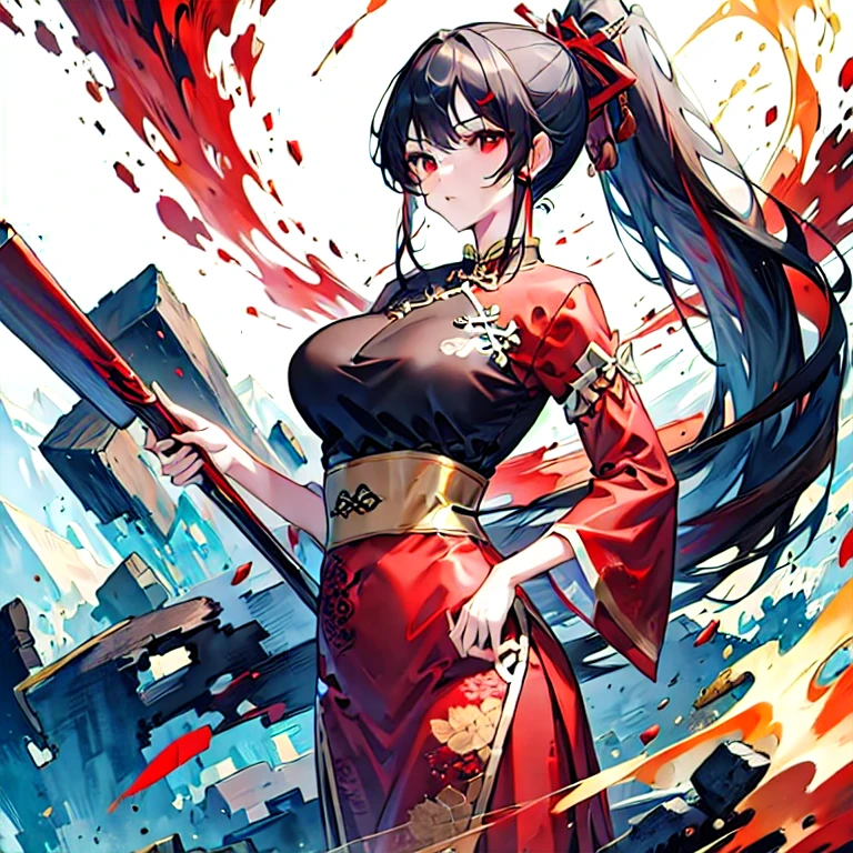 (masterpiece, best quality:1.2), 1girl, solo,long black hair,high ponytail,red dress, Chinese style,beautiful,red eyes