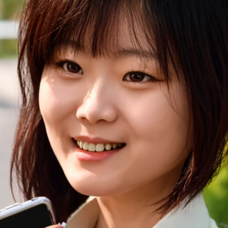araffe girl walking down the street with a cell phone in her hand, chiho, harumi, nanae kawahara, sui ishida, yasumoto oka, kinu nishimura, junko enoshima, kiyoko suzuki, rinko kawaichi, aoi ogata, nishihara isao, shiori teshirogi(masterpiece, best quality:1.2), 1girl, solo，there is a woman that is smiling and looking at the camera, chiho ashima, with short hair, joy ang, close-up portrait film still, yun ling, inspired by Li Mei-shu, sui ishida with black hair, screenshot from a movie, inspired by Ma Yuanyu, inspired by Li Fangying, movie screencap