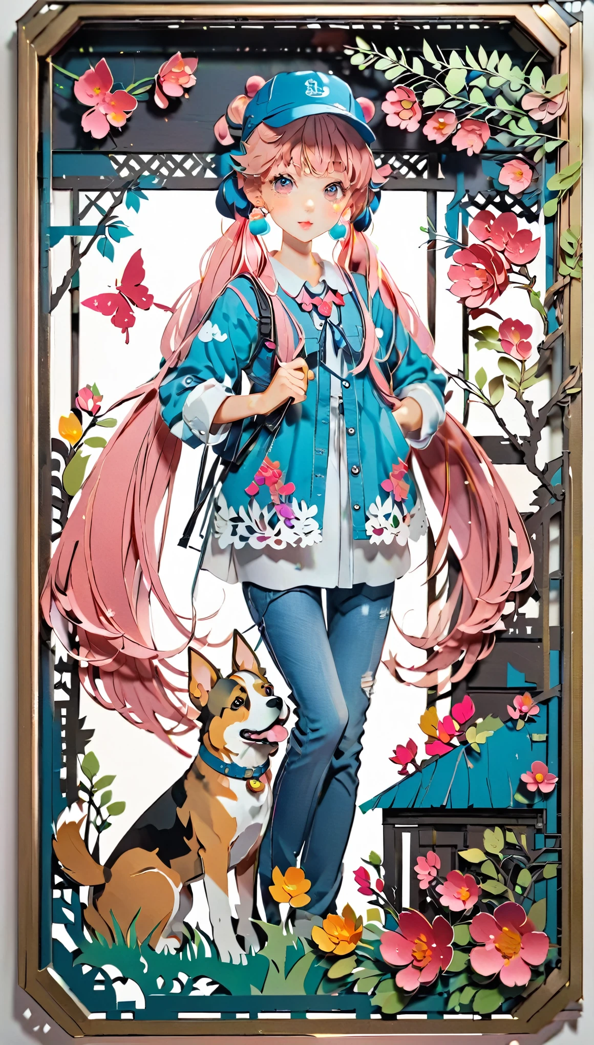 (((paper cutting style))), (frame of illustration is 3D paper cutting: 1.2), (colorful), 1 girl, pink long hair, twin tails, cap, denim, shirts, 1 dog with girl