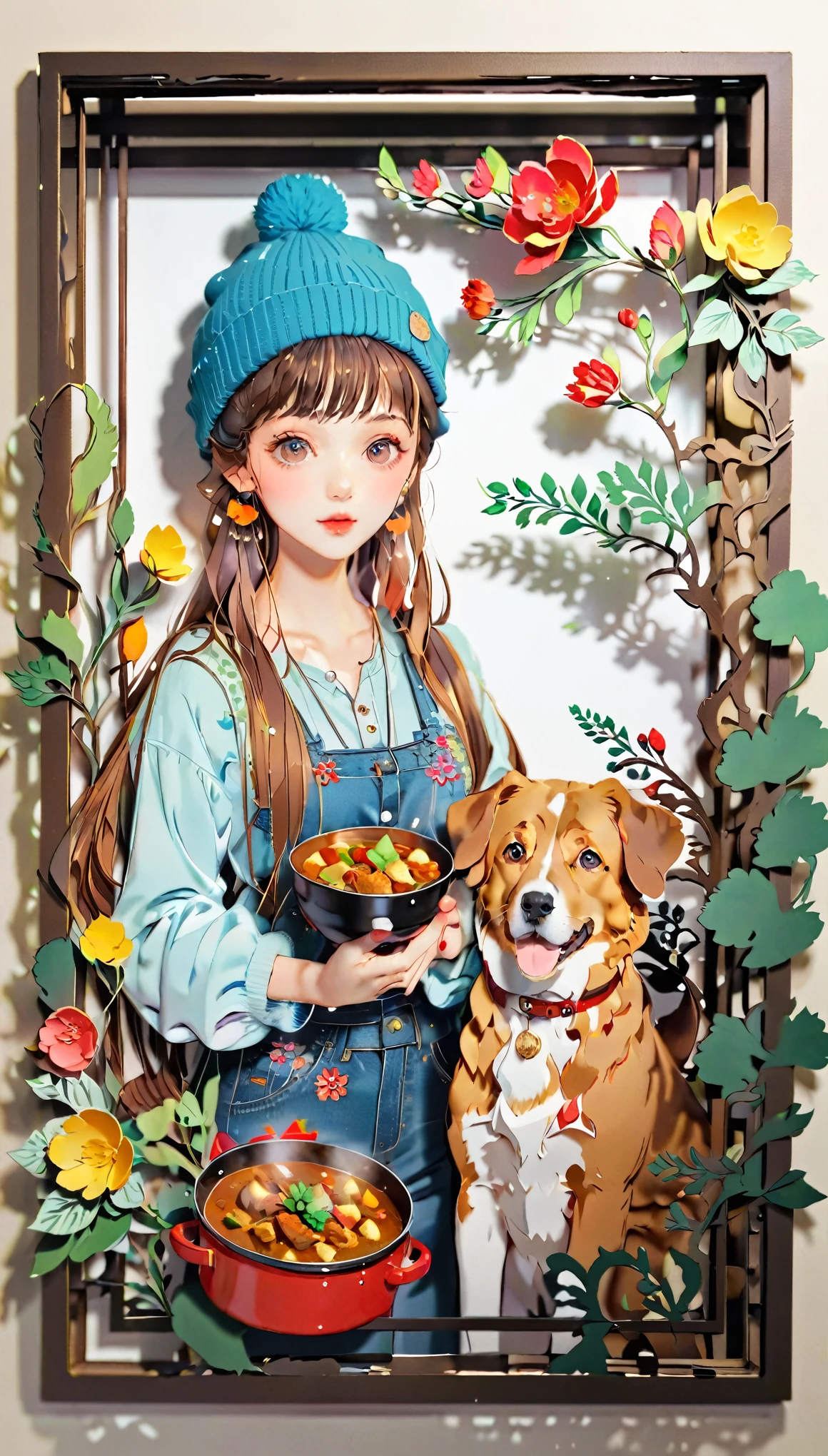 (((paper cutting style))), (frame of illustration is 3D paper cutting: 1.2), (colorful), 1 girl, brown long hair, curry long hair, knit cap, denim, shirts, 1 dog with girl