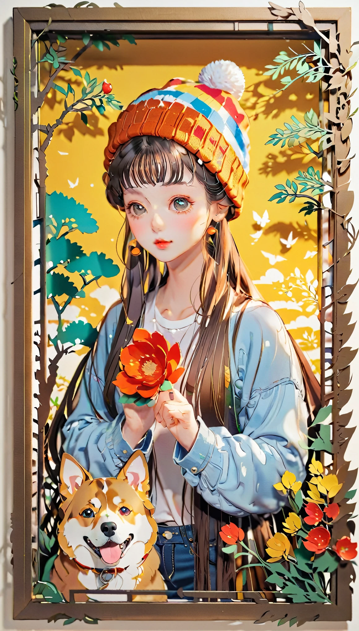 (((paper cutting style))), (frame of illustration is 3D paper cutting: 1.2), (colorful), 1 girl, brown long hair, curry long hair, knit cap, denim, shirts, 1 dog with girl
