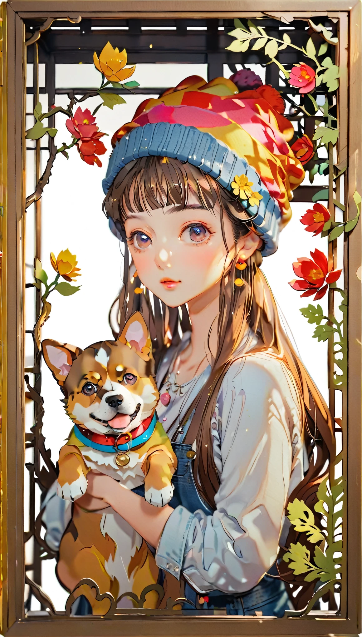 (((paper cutting style))), (frame of illustration is 3D paper cutting: 1.2), (colorful), 1 girl, brown long hair, curry long hair, knit cap, denim, shirts, 1 dog with girl