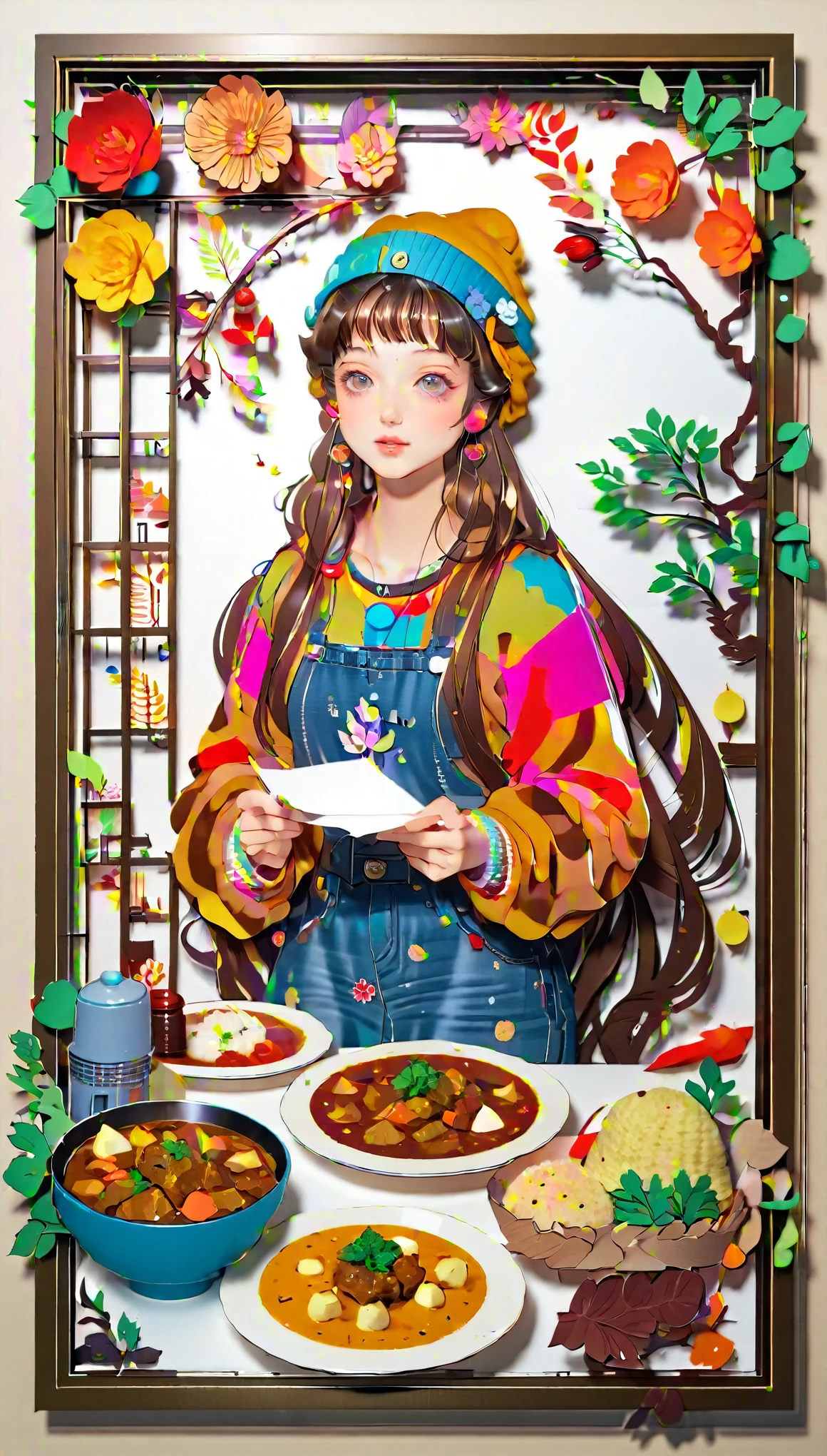 (((paper cutting style))), (frame of illustration is 3D paper cutting: 1.2), (colorful), 1 girl, brown long hair, curry long hair, knit cap, denim, shirts, lunch