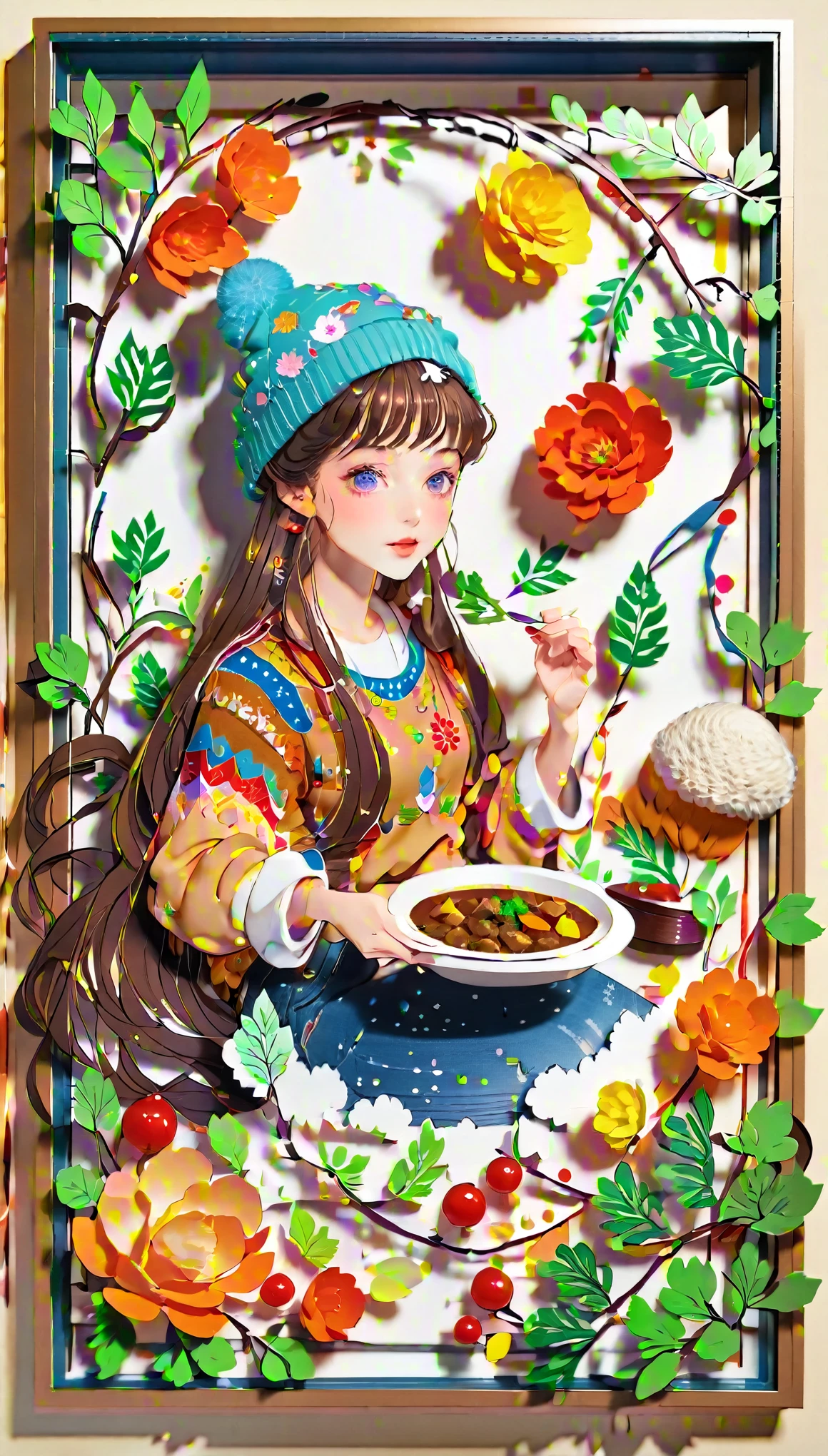 (((paper cutting style))), (frame of illustration is 3D paper cutting: 1.2), (colorful), 1 girl, brown long hair, curry long hair, knit cap, denim, shirts, lunch