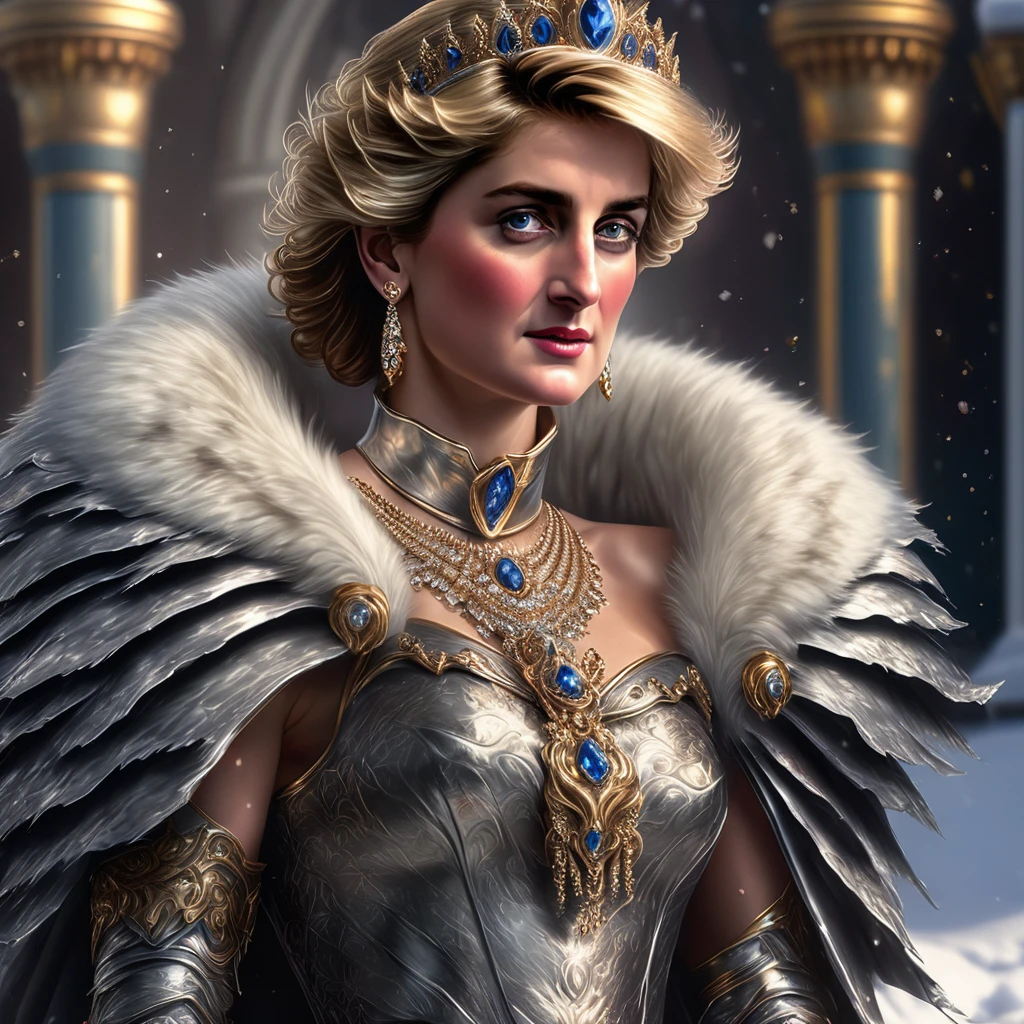 4k highly detailed realistic digital extremely high quality RAW photograph, a portrait photo of Princess Diana that lived with wolves her whole life is now leading them to battle. torn clothes exposing (nude:1.4) body, armored pauldrons, fangs, curled horns, big breasts, ((snow and blood)), ((wolf tattoos)), epic, hyperrealistic, hyperrealism, 8k, cinematic lighting, greg rutkowski, wlop, (f1.8 short focus bokeh)