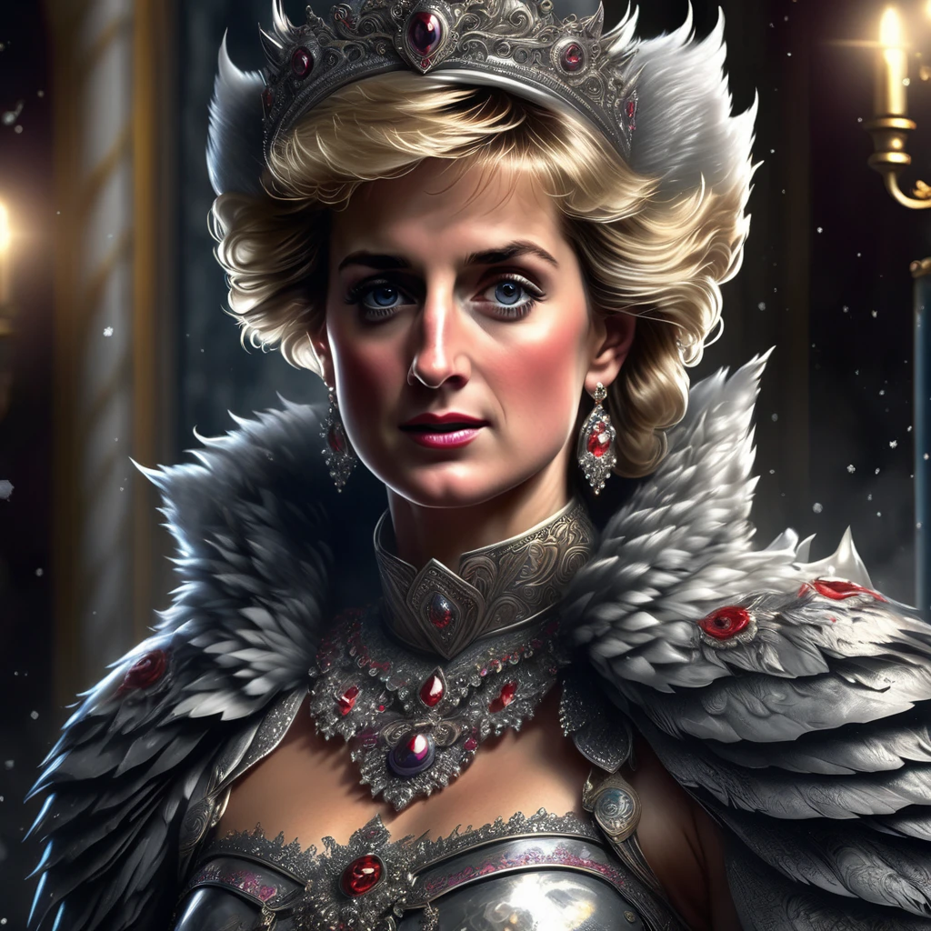 4k highly detailed realistic digital extremely high quality RAW photograph, a portrait photo of Princess Diana that lived with wolves her whole life is now leading them to battle. torn clothes exposing (nude:1.4) body, armored pauldrons, fangs, curled horns, big breasts, ((snow and blood)), ((wolf tattoos)), epic, hyperrealistic, hyperrealism, 8k, cinematic lighting, greg rutkowski, wlop, (f1.8 short focus bokeh)