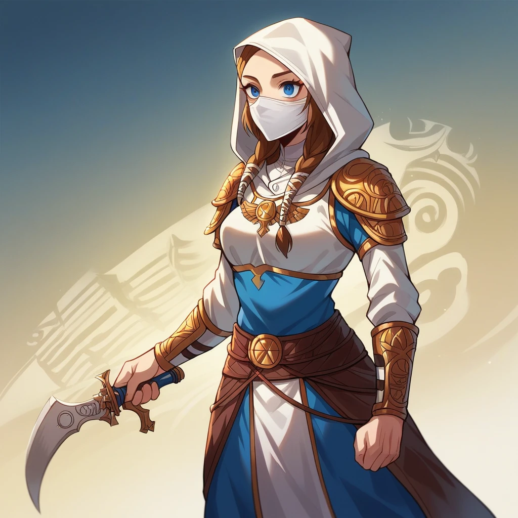 A full-body shot of Princess Zelda, brown hair, blue eyes, dressed as an Assassin from Assassins Creed, in white+gold witha white mask and hood with gold details, XL bust, using a wrist blade. Background: A city during the renaissance period. Unreal Engine 5, Anime, Anime style, Masterpiece, Well drawn eyes, well drawn face, well detailed eyes, well detailed face, 8k, light and shadow effect.