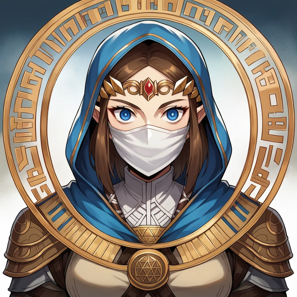 A full-body shot of Princess Zelda, brown hair, blue eyes, dressed as an Assassin from Assassins Creed, in white+gold witha white mask and hood with gold details, XL bust, using a wrist blade. Background: A city during the renaissance period. Unreal Engine 5, Anime, Anime style, Masterpiece, Well drawn eyes, well drawn face, well detailed eyes, well detailed face, 8k, light and shadow effect.