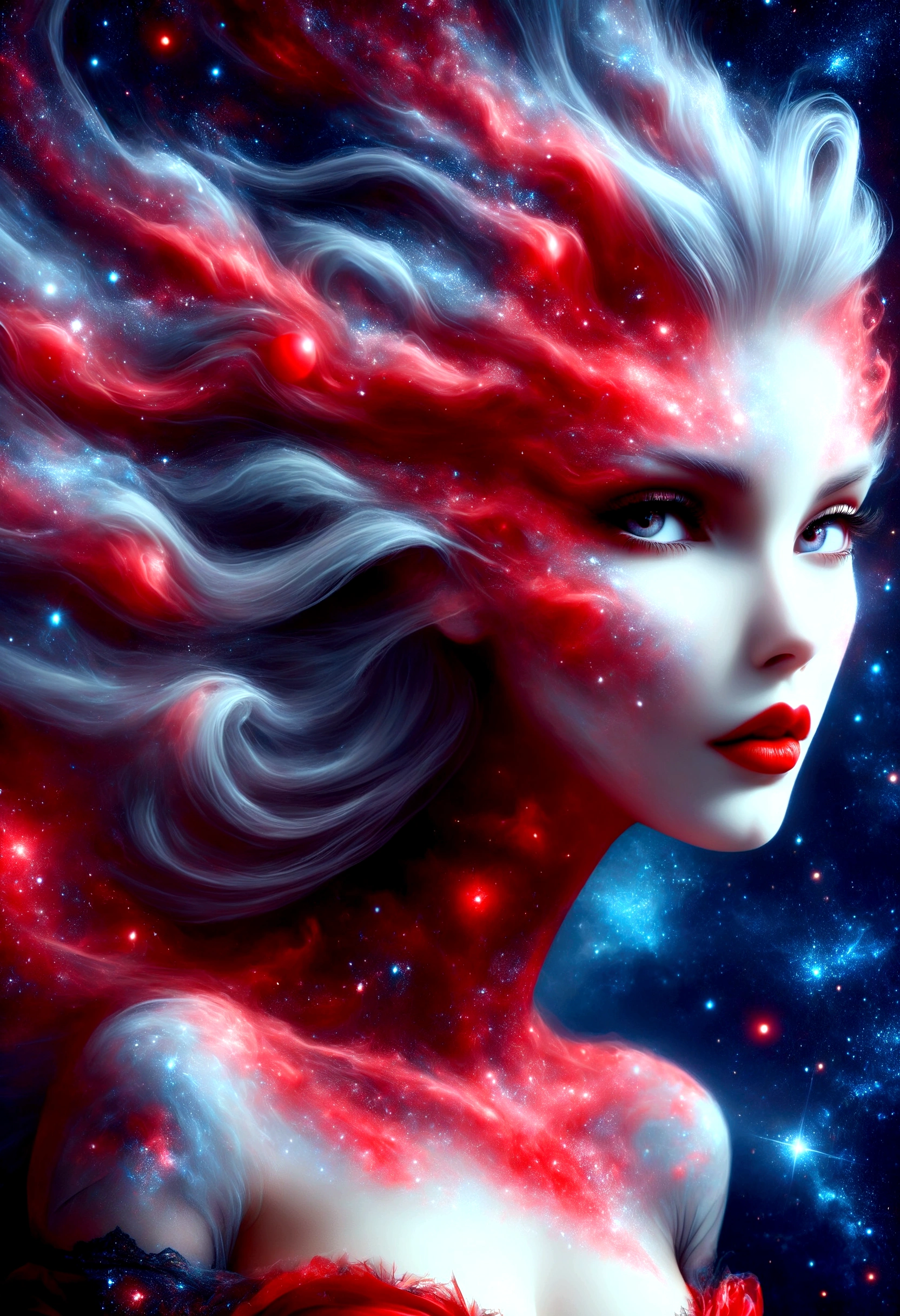 ragingnebula,high quality , dress made out of red stars, close up photo of very seductive red lips,sexy,beautiful,realistic,lifelike,studio photo,highly detailed,beautiful highly detailed eyes, dreamcore, Illustrations in the style of fantasy mythology, ultra realistic illustration, complementary colors