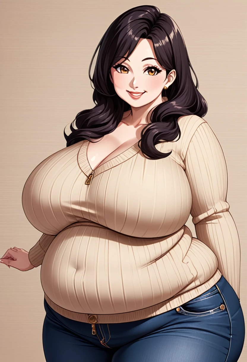 obese and thicc milf , silk waist-long dark hair , big round firm belly, sweater and pants, soft smile, motherly and nurturing, look, cute, tight clothes, tight pants, pants unbuttoned, pants unzipped, belly spilling out