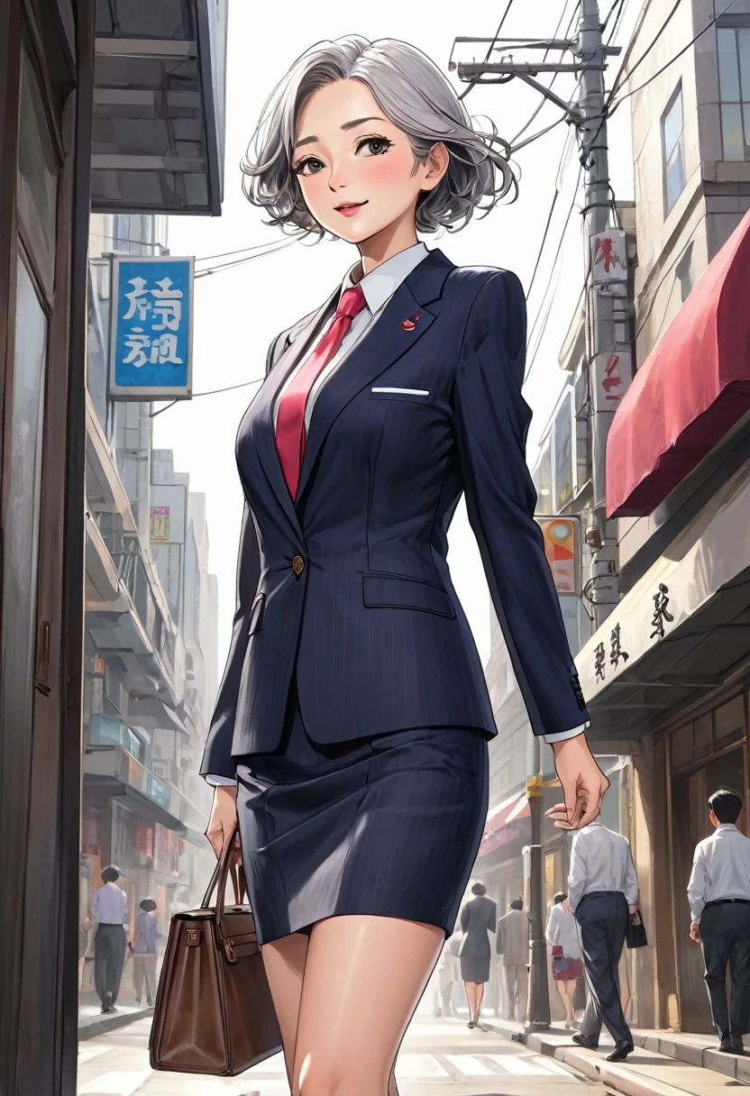 one person、masterpiece、highest quality、Super detailed、High resolution illustrations、Improve skin quality、Increase eye appeal、Drawn in detail、Perfect body structure、Old woman、Business suit and tight skirt、Back view、look back、Lift up the skirt、Showing off plain-looking panties、Are thin、Tall、Small butt、Skin blemishes、Skin wrinkles、Aged skin、Wrinkled skin、Business district、Embarrassing、Shy laugh、Sweat it out、Sigh、Heat、Dark Eyes、Downcast eyes、mole、