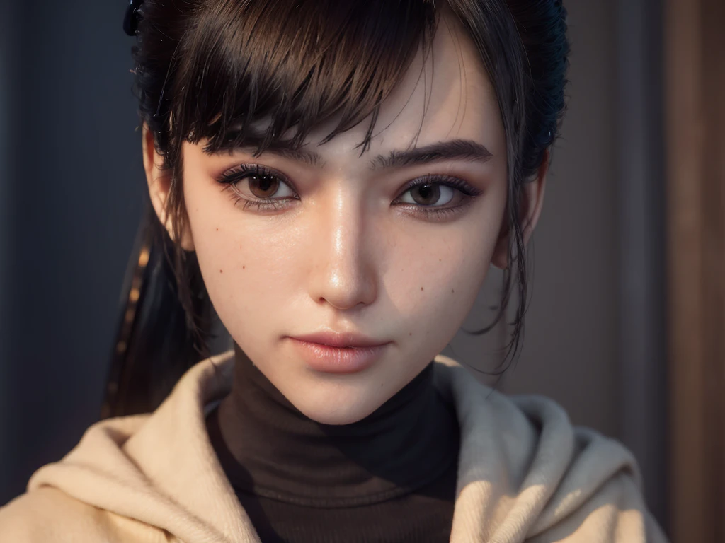 Masterpiece, portrait face, eve, stellar blade, fringe hair , ponytail hair,  black turtleneck shirt,  oiled skin , wet hair, posing , (light brown eyes), closed smile, ((blushing cheeks)), woman looking camera, 