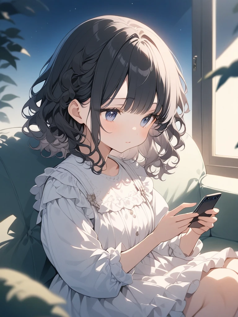 (masterpiece, highest quality),night、living、A girl with curly black hair in a cute outfit is sitting on a sofa playing with her hair、Holding a smartphone in the other hand、 The main focus is on the girl, right down to her fingers.