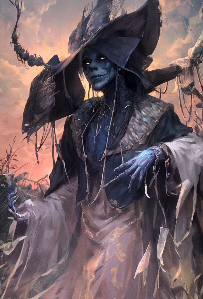 (extremely detailed 8k wallpaper), a medium shot photo of a faceless scary scarecrow dressed as a gentleman well illustrated blue scarecrow,  glowing intricate, high detail, dramatic, dry corn field in the background