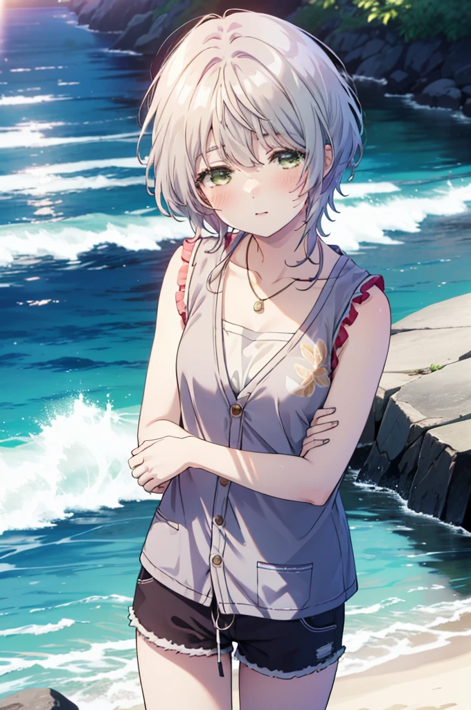 fuukakikuchi, fuuka kikuchi, 1Girl Girl,short hair, bangs, Hair between the eyes, (Green Eyes:1.3), Straw hat,Brown seashell necklace,Gray Hair,Black cardigan Front open,smile,blush,White vest,Red Tank Top,Shorts,Cute Sandals,whole bodyがイラストに入るように,Daytime,Clear skies,walking,morning,morning陽,The sun is rising,
break outdoors, Coastal Road,Sandy Beach,Building district,
break looking at viewer,whole body,Upper Body,
break (masterpiece:1.2), highest quality, High resolution, unity 8k wallpaper, (shape:0.8), (Fine and beautiful eyes:1.6), Highly detailed face, Perfect lighting, Highly detailed CG, (Perfect hands, Perfect Anatomy),