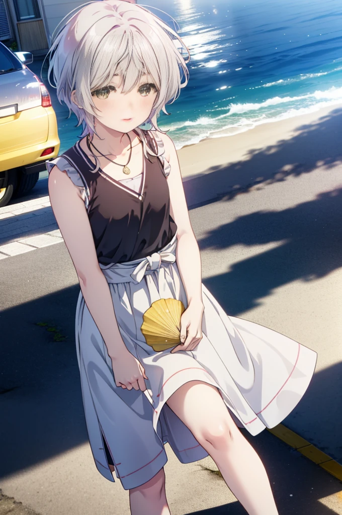 fuukakikuchi, fuuka kikuchi, 1Girl Girl,short hair, bangs, Hair between the eyes, (Green Eyes:1.3), Straw hat,Brown seashell necklace,Gray Hair,Black cardigan Front open,smile,blush,White vest,Red Tank Top,Shorts,Cute Sandals,whole bodyがイラストに入るように,Daytime,Clear skies,walking,morning,morning陽,The sun is rising,
break outdoors, Coastal Road,Sandy Beach,Building district,
break looking at viewer,whole body,Upper Body,
break (masterpiece:1.2), highest quality, High resolution, unity 8k wallpaper, (shape:0.8), (Fine and beautiful eyes:1.6), Highly detailed face, Perfect lighting, Highly detailed CG, (Perfect hands, Perfect Anatomy),