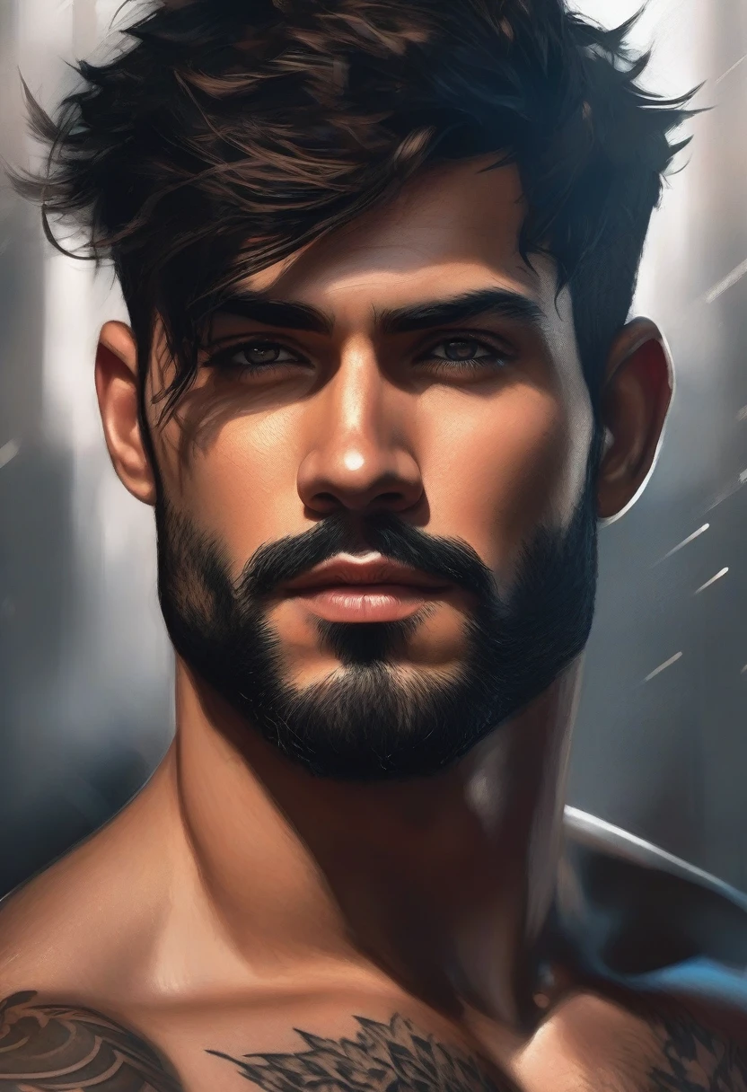 ~*~Breathtaking~*~ Cinematic realistic close-up shot in a movie scene, vibrant and highly detailed cores presented in cinemascope, creating a moody atmosphere. head close-up, front camera, handsome man, ritualistic (neck tattoo: 1.3), (incredibly detailed: 1.5), ((Alone)), Illustrated, hand-drawn, full-color movie poster of a masculine man, 28 years old, ruddy skin, stocky physique, soft belly, slightly chubby, deep brown eyes, wide bulbous nose, full lips, black hair, curly hair, eyebrows thick and bushy, extremely hairy chest, stomach and arms, lots of body hair, hard shadows, graphite shading, stencil markings, airbrushed acrylic paint, masterpiece,muscular man, in underwear, ((full body: 1.7)), (short black hair: 1.1), (muscular), by Jeremy Mann, by Sandra Chevier, by maciej kuciara, smoke and shadow, night, Sharp, ((Perfect body)), realistic, real shadow, 3d, ((full body)), ((dark and gloomy universe)), (by Michelangelo), glamorous photo of man (close up: 1.5), 1 man, chubby man with chest and arm tattoos, fantasy male portrait, beautiful realistic full body part, tattooed man, shirtless :: high detail, blessed waters wlop style, ma demon fit, hyperrealistic rendering, photorealistic art style, hyperrealistic 3D rendering, detailed full body part, man artstation aesthetic, realistic face and body, masterpiece, award -winning photography, handsome male, boy, light beard, red brown hair, green eyes, short hair, masculine facial features. confident, background with neon, utopian city, Surrealism, Minimalism, cinematic style, drop shadow, film grain, 1080P, anatomically correct, photographed by famous photographer in CANON 5D MARK, detailed skin with all raw details - ar 4:6 --q 2 - -s 750 --v 58k, 4k, by the sea in complete darkness and appears alone. , (ruined: 1.5), (best quality: 1.5), (masterpiece: 1.5), (best quality, 4k, 8k, high resolution, masterpiece: 1, 2), ultra detailed , (realistic, photorealistic, photorealistic: 1.37) , colorful, brushstrokes, sculp