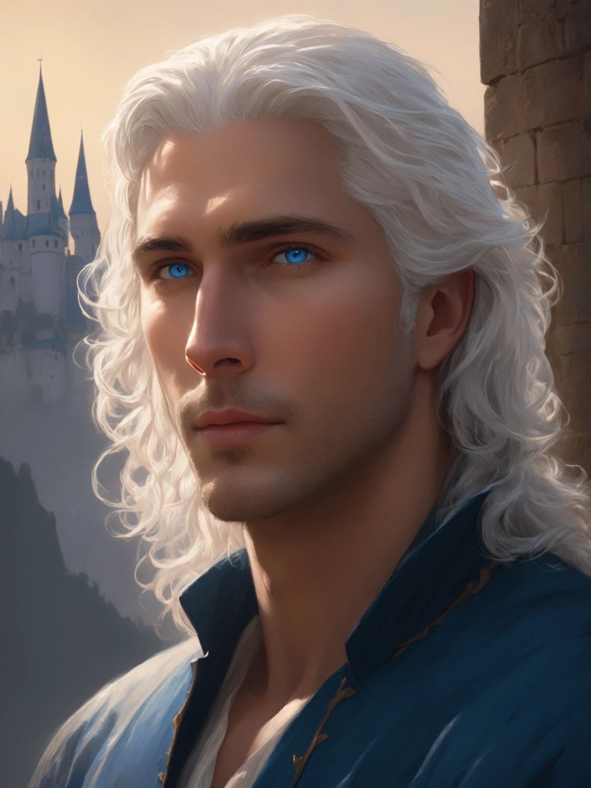 ((best quality),(masterpiece),(detailed),perfect face,a man with wavy white hair and blue eyes, castle behind,beautiful,(cinematic),(dramatic lighting),(digital painting),(sharp focus),(photorealistic),(ultra-realistic),(hyper detailed),(epic),(fantasy),(cinematic composition),(heroic pose),(dramatic), (perfect eyes)
