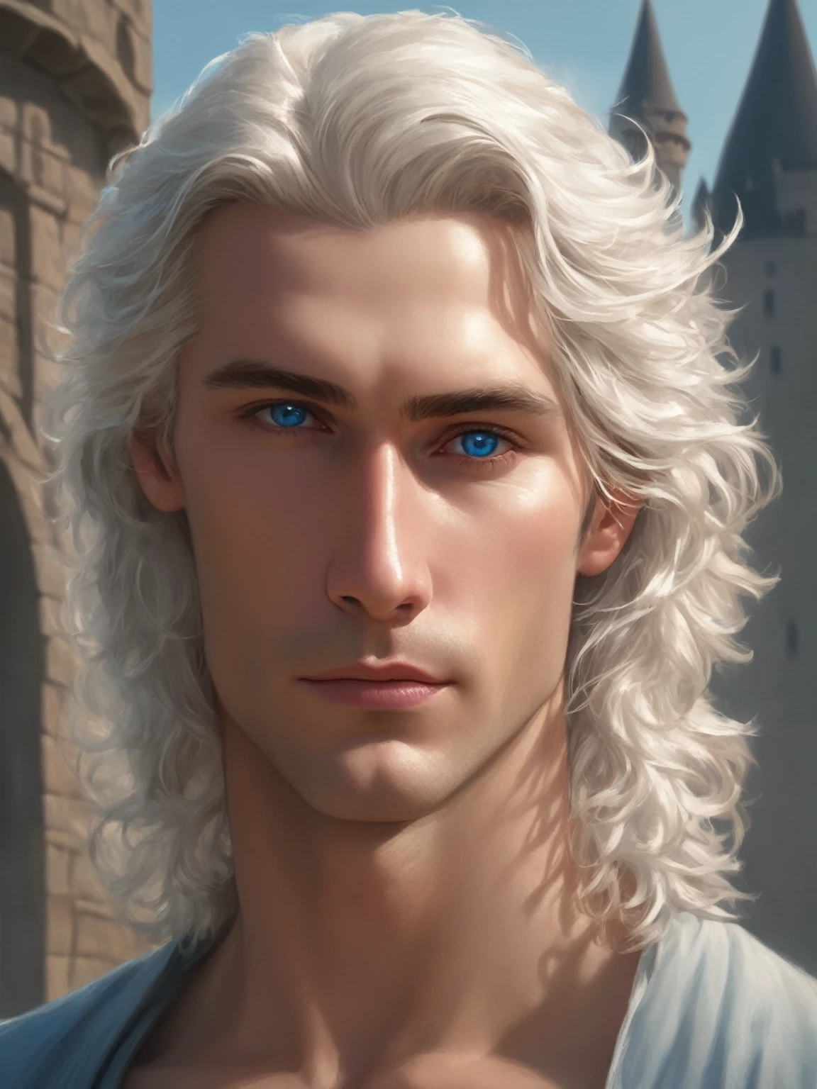 ((best quality),(masterpiece),(detailed),perfect face,a man with wavy white hair and blue eyes, castle behind,beautiful,(cinematic),(dramatic lighting),(digital painting),(sharp focus),(photorealistic),(ultra-realistic),(hyper detailed),(epic),(fantasy),(cinematic composition),(heroic pose),(dramatic), (perfect eyes)
