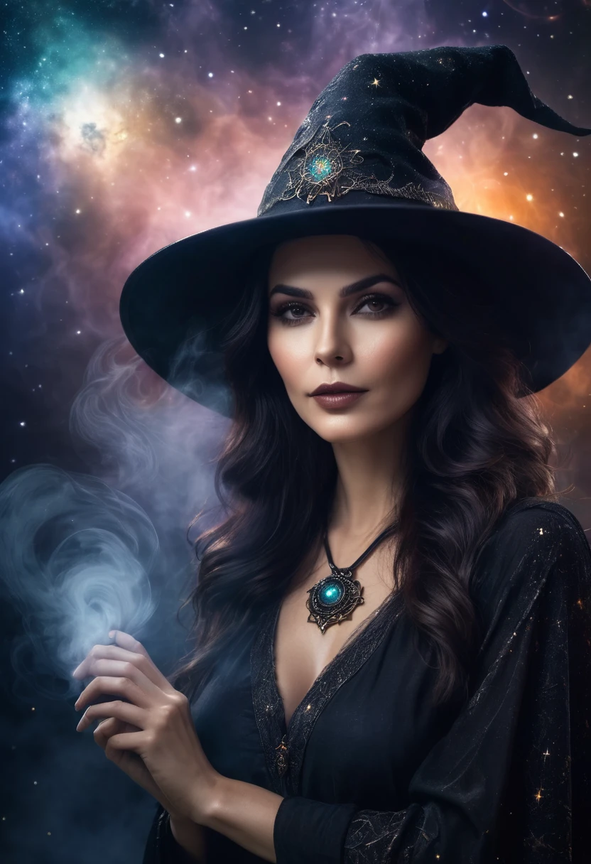 a beautiful woman WITCH  WITH A hat and UNIVERSE  the Style-RustMagic, Aum, (atmosfera escura:1.2), (Mist & smoke), (noite escura:1.3), Cicatrizes, (shaggy medium length dark hair:1.1), (sombra:1.1), (brilho lindamente detalhado:1.2), (cinematic lighting), detalhe intrincado, high resolution,