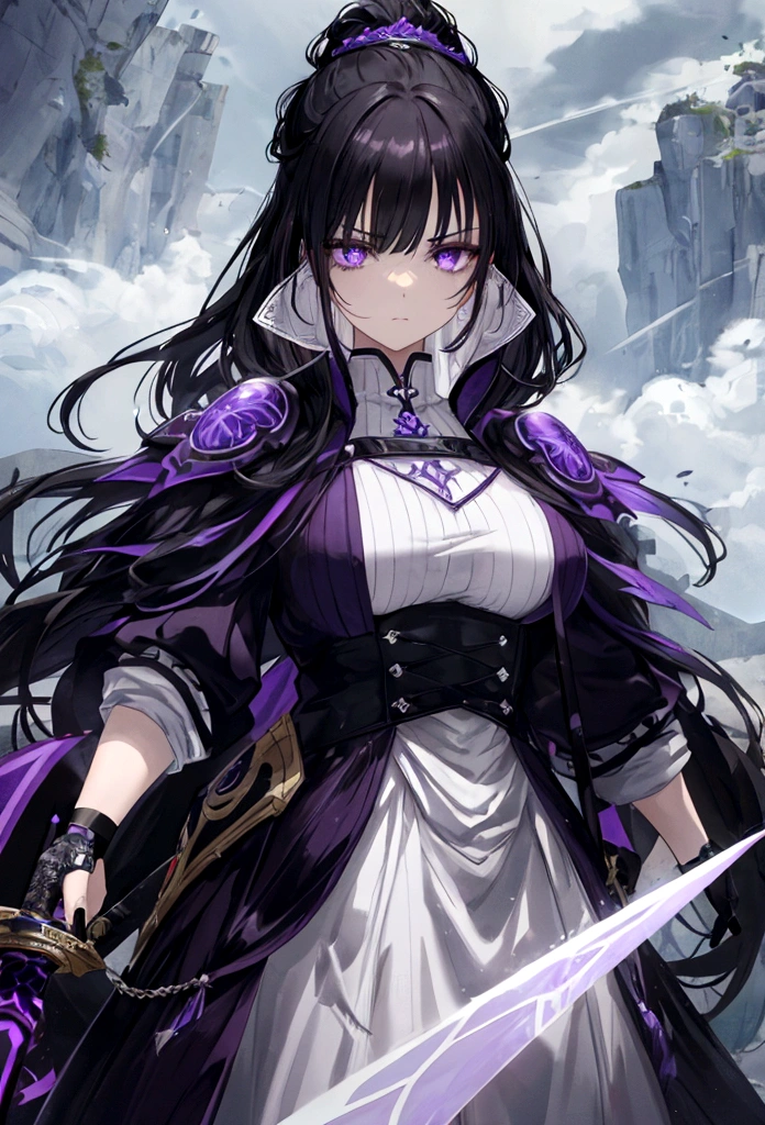 a woman with black hair and white streaks with sad expression holding a large purple sword, detailed eyes, detailed sword, cinematic lightning