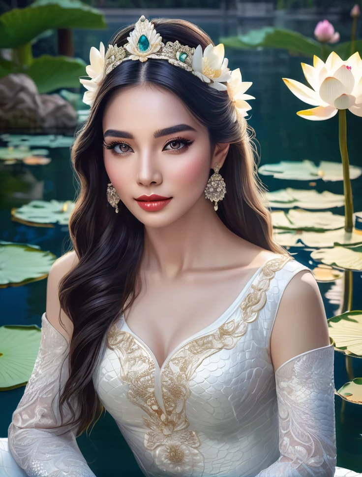 beautiful woman with white crocodile, sitting by serene lake surrounded by lotus flowers, extremely detailed eyes and face, long eyelashes, ornate dress, elegant pose, dramatic lighting, vibrant colors, cinematic composition, breathtaking scenery, detailed water reflection, mystical atmosphere, (best quality,4k,8k,highres,masterpiece:1.2),ultra-detailed,(realistic,photorealistic,photo-realistic:1.37)