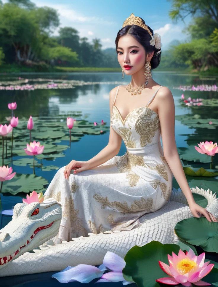 beautiful woman with white crocodile, sitting by serene lake surrounded by lotus flowers, extremely detailed eyes and face, long eyelashes, ornate dress, elegant pose, dramatic lighting, vibrant colors, cinematic composition, breathtaking scenery, detailed water reflection, mystical atmosphere, (best quality,4k,8k,highres,masterpiece:1.2),ultra-detailed,(realistic,photorealistic,photo-realistic:1.37)
