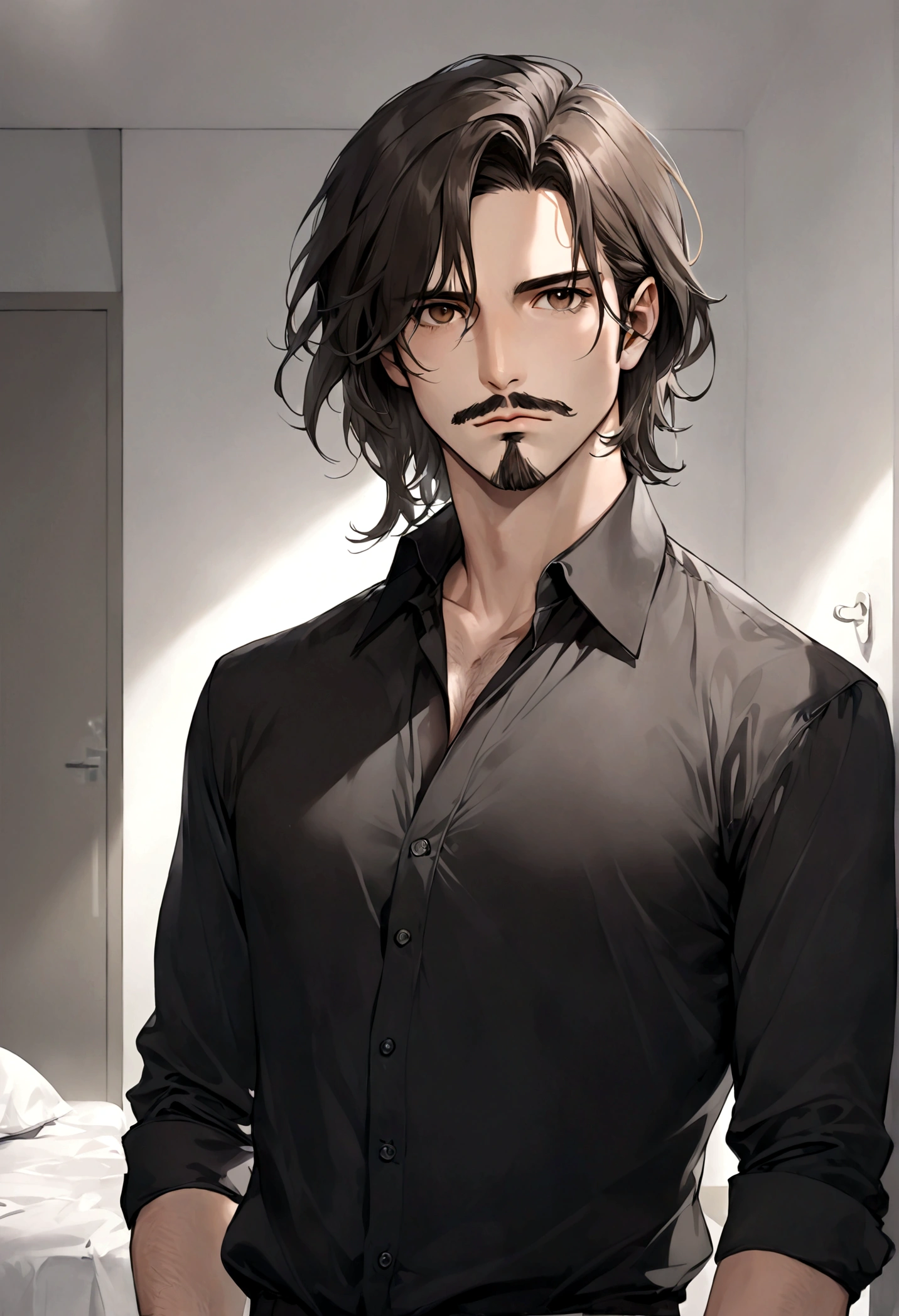 (camisa negra elegante para hombre), ), ((bigote estilo Van Dyke y (barba de chivo) "Van Dyke", Van Dyke beard)), (light brown eyes), Aspecto atractivo y serio, ((cabello muy largo oscuro, messy hair)), Elegante y con estilo, camisa de vestir color negro, Un hombre similar al actor Jim Morrison con el cabello largo, ((cabello muy largo)), (Imagen realista y de alta calidad), Apartamento escandinavo en el fondo simple de un cuarto, ((La mejor calidad, 8K, obra maestra).((pose dinamica con mirada al frente, viendo al espectador)), (cabello largo pasando los hombros)