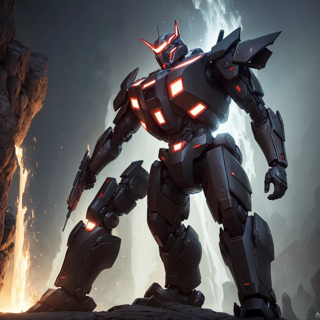 (tronco), (realista, [realistic]), (3d:0.3), dramatic lighting, ((Obra de arte)),(qualidade),(high resolution), Robo samurai with Chinese bamboo hat, [[full body]], um samurai mecha de olhos roxos purpura, ethereal and mecha theme, black octane rendering, aesthetic lock, realistica wick aesthetic, armored core style fuse, Incredibly detailed octane rendering, mecha preto, mecha robot details, 8k octanas renderizadas, fundo uma cachoeira, o personagem esta meditando em uma caverna que fica atras desta cachoeira, the environment is dark but well lit, the character displays many details in addition to his hands being clean and showing signs of meditation, o personagem esta meditando em uma caverna atras de uma cachoeira
