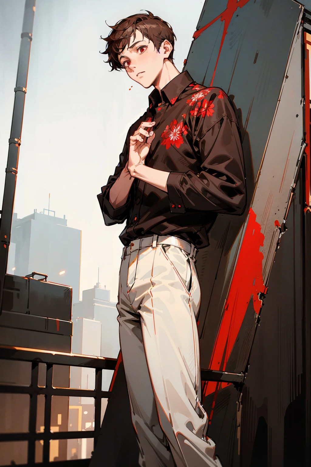 1male, buzzcut, brown hair, red eyes, expressionless, black shirt, white pants, red floral open shirt, city background, detailed background, hands to side, standing on path