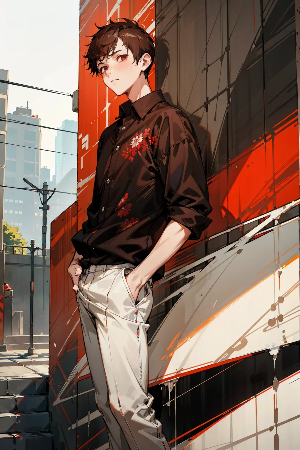 1male, buzzcut, brown hair, red eyes, expressionless, black shirt, white pants, red floral open shirt, city background, detailed background, hands to side, standing on path