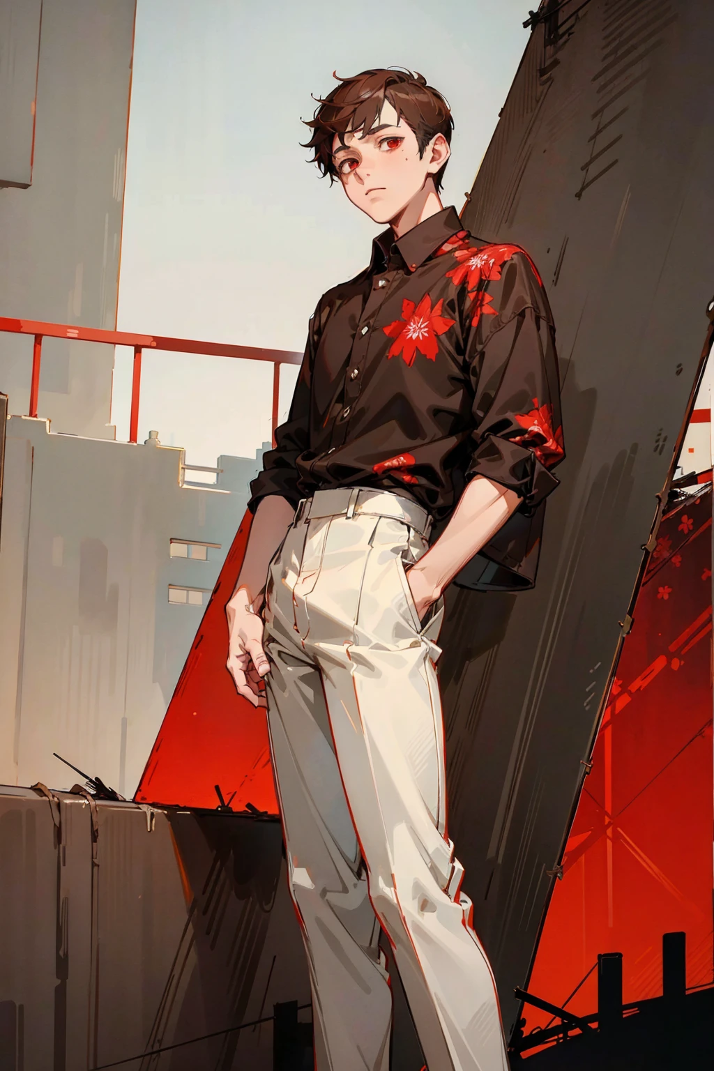 1male, buzzcut, brown hair, red eyes, expressionless, black shirt, white pants, red floral open shirt, city background, detailed background, hands to side, standing on path