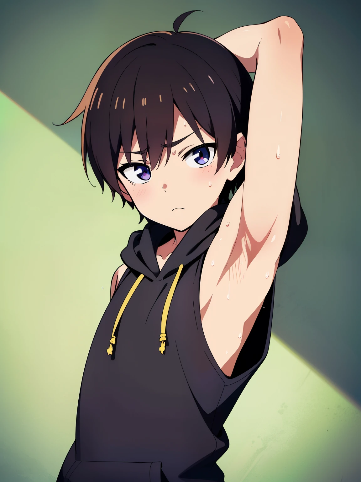 Highres, Masterpiece, Best quality at best,Best Quality,hight quality, hight detailed, Anime style, 1boy, Shota, Black hoodie, Sleeveless hoodie, Seen from the front, look at viewer, (very young boy), (very small and short body), 12-year-old boys, (Showing armpit:1.3), hansome boy, Sweat