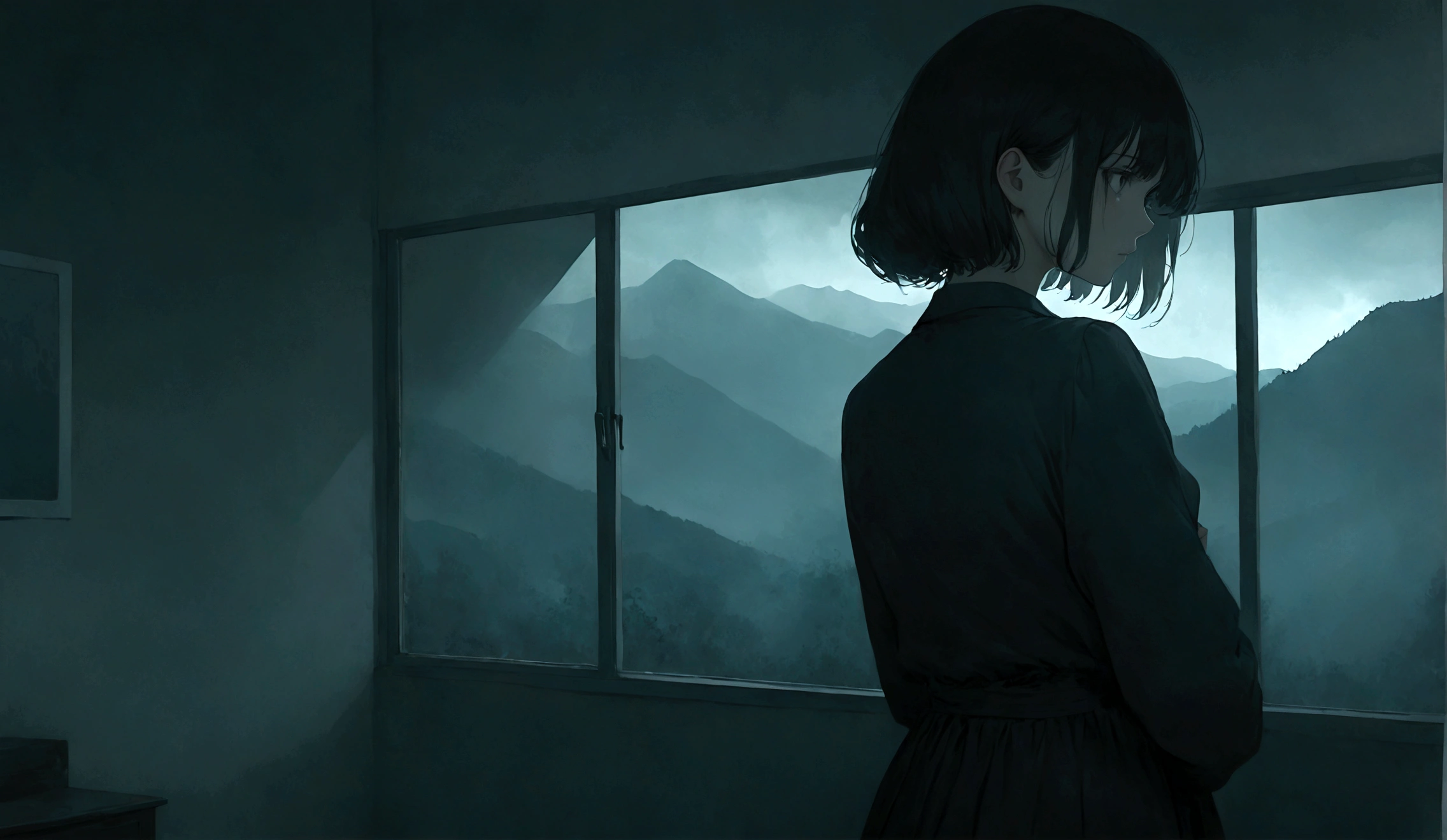 Create an illustration featuring a girl seen from the back as she looks out of a window. The style should match the reference image provided, capturing the same level of detail, color palette, and atmospheric lighting. The scene should be set in a dimly lit room with a somber, eerie ambiance appropriate for a horror story. In the background through the window, include distant mountains shrouded in mist to enhance the sense of foreboding. The girl's posture should convey a sense of unease or anticipation, contributing to the overall mood of suspense. Ensure the colors and shadows are consistent with the reference image, emphasizing the contrast between the dim interior and the slightly illuminated outside view.