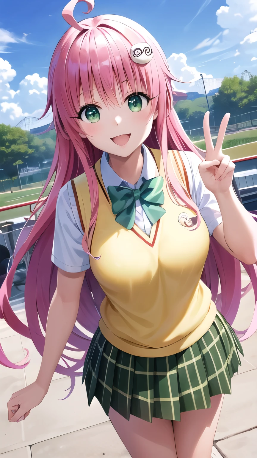 masterpiece, best quality, highres, Lala Satalin Deviluke, long hair, ahoge, hair ornament, green eyes, breasts, , green bowtie, collared shirt, white shirt, sweater vest, yellow vest, short sleeves, plaid skirt, green skirt, peace sign, amusement park, smile, standing