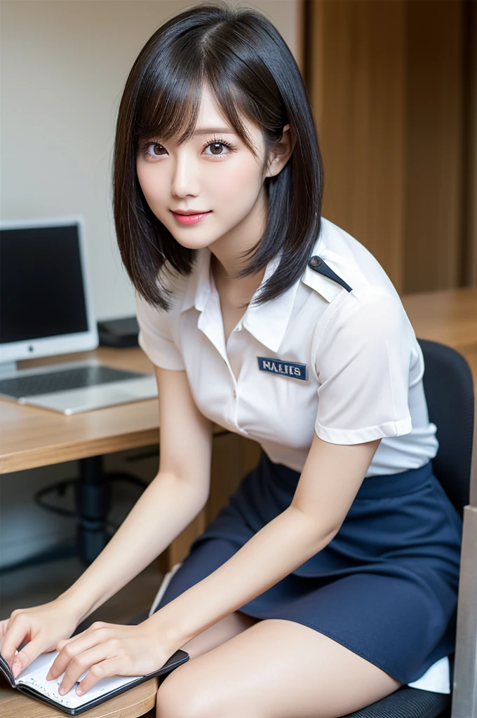 (highest quality: 1.5), (Realistic: 1.5), (1 person: 1.5), (Very detailed), (High resolution), 8k, ((Micro Mini Skirt警察)), (Micro Mini Skirt), (Medium chest), Natural color lips, Cute Smile, 20-year-old girl, (Beautiful and elaborate face), (Perfect and beautiful face), (Big eyes), (Beautiful and elaborate face), (Left/right balance) Beautiful Eyes), Beautiful double eyelids, Perfect and beautiful face, thin arched eyebrows, Slim face, (Slim figure), Beautiful thin nose, Beautiful Skin, (Medium Bob Hair), Natural Bangs, Fair skin, Front view Lighting, (Facial lighting), Dark blue eyes, Slim waistline, Slender and beautiful legs, Office Room, sitting at a desk in an office, Police uniform, Micro Mini Skirt警察, He has handcuffs on his right hand, Holding a notebook in his left hand,
