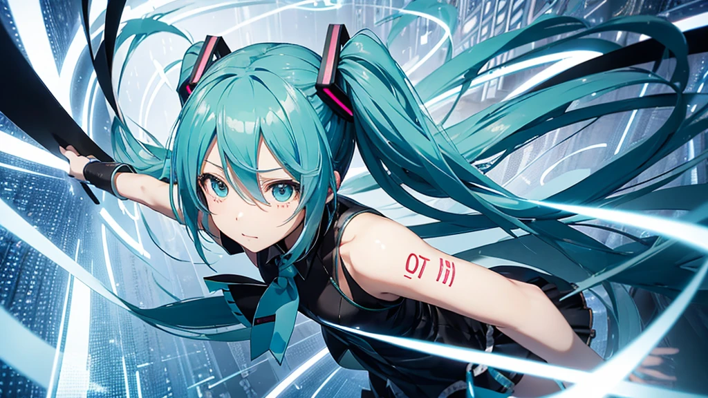 An image depicting Hatsune Miku traveling through the labyrinth of doubt。She's fighting the shadows、Moving towards hope for the future。With a thunderous bass line in the background、There is a bright light that represents hope.、It expresses a powerful figure that paves the way to the future.。