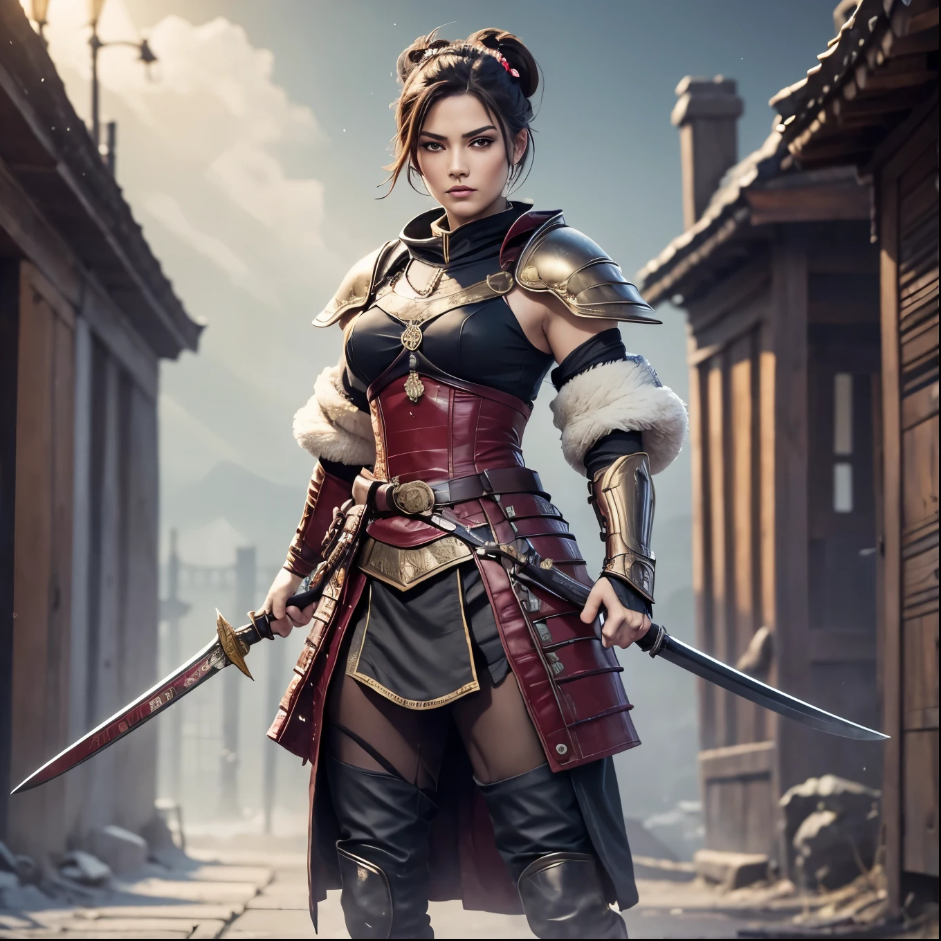 (8k, best quality, masterpiece:1.2), (photorealistic:1.4), RAW photo, best quality, ultra high res, best shadow, (full body:1.4), A short-haired female, japanese armor, Samurai Sword, massive scale stunning environment, horror, dark horror, highly detailed facial features, beautiful and flawless face, perfect eyes
