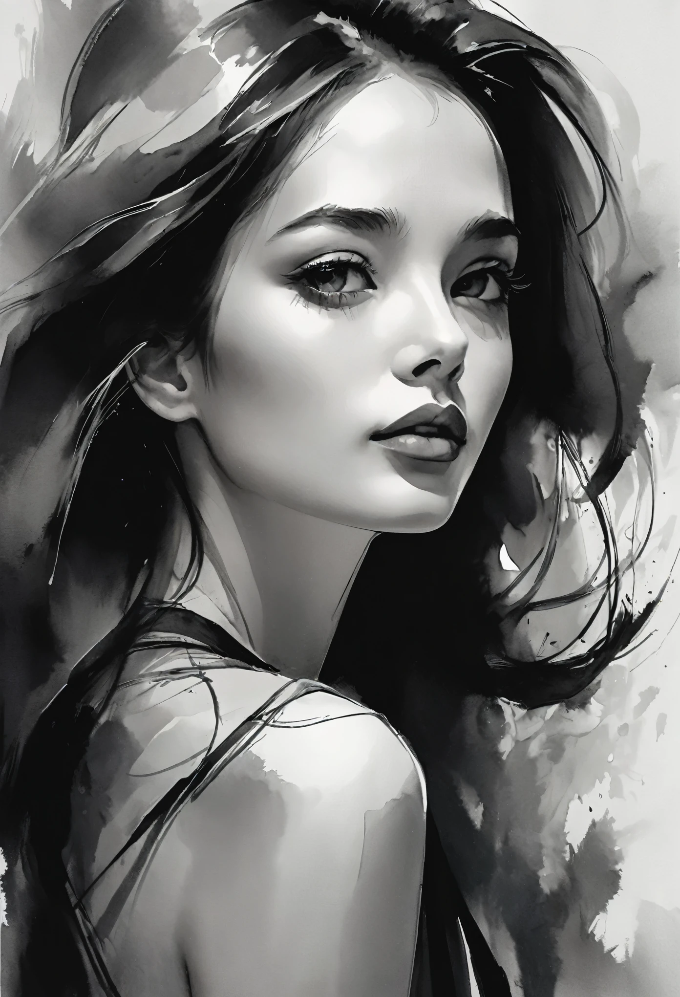 Beauty portrait in ink style，black and white，smooth lines，expressive eyes，Delicate lips，flowing ink contrast，Emphasis on expressions，contrast of light and shadow，Subtle background，simple composition，Ambience of light and space，black ink strokes，implicit emotion，graceful posture，Positive emotions，charming appearance，Subtle gradients，Skilled ink paintings。