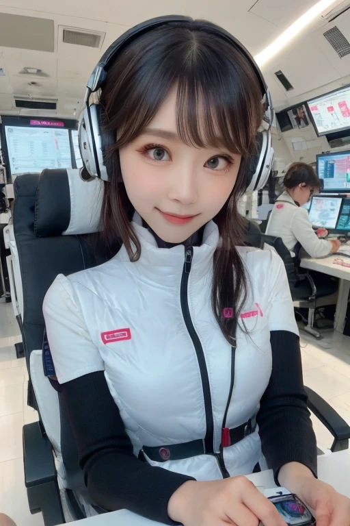 masterpiece, highest quality, Very detailed, 8K Portrait,Japanese Android Girl,plump , Control panel,Robotic arms and legs, Blunt bangs,,break (Metallic Gray, Metallic luster, Mirror finish, Astro Best):5,headphone:5,break (Black sleeves):100,Smart Watches,Futuristic space station,Control Room,break headphone,blue eyes,(Black Hair):2,(Long Hair):1.3,Displaying the viewer,(respirator),break blush:3,Hidden Hand,smile
