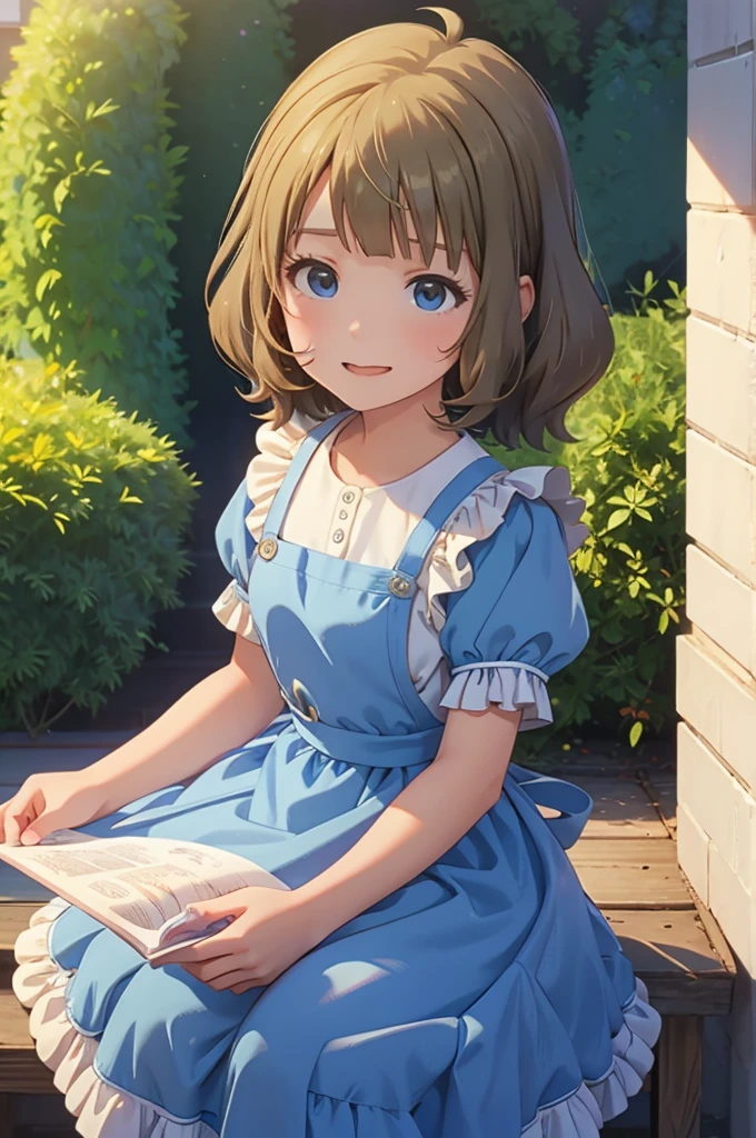 momoko suou (million live), 1 girl, Solo, 11 years old, Lori, , Cute Girl,Best Quality, Ultra-detailed, 8K, High resolution, Alice in Wonderland, Twin tail, sky blue dress, frilled dress, white apron, frilled apron, garden, tea time,