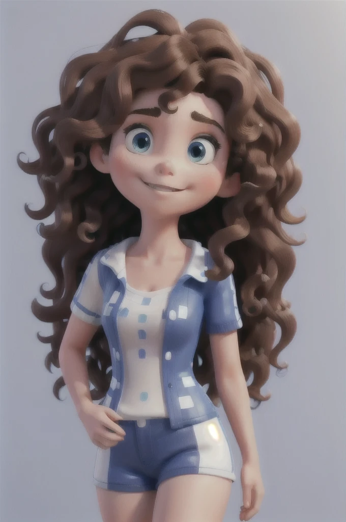 create a brunette girl with curly hair waving, pixel style, blue and white colors, very detailed
