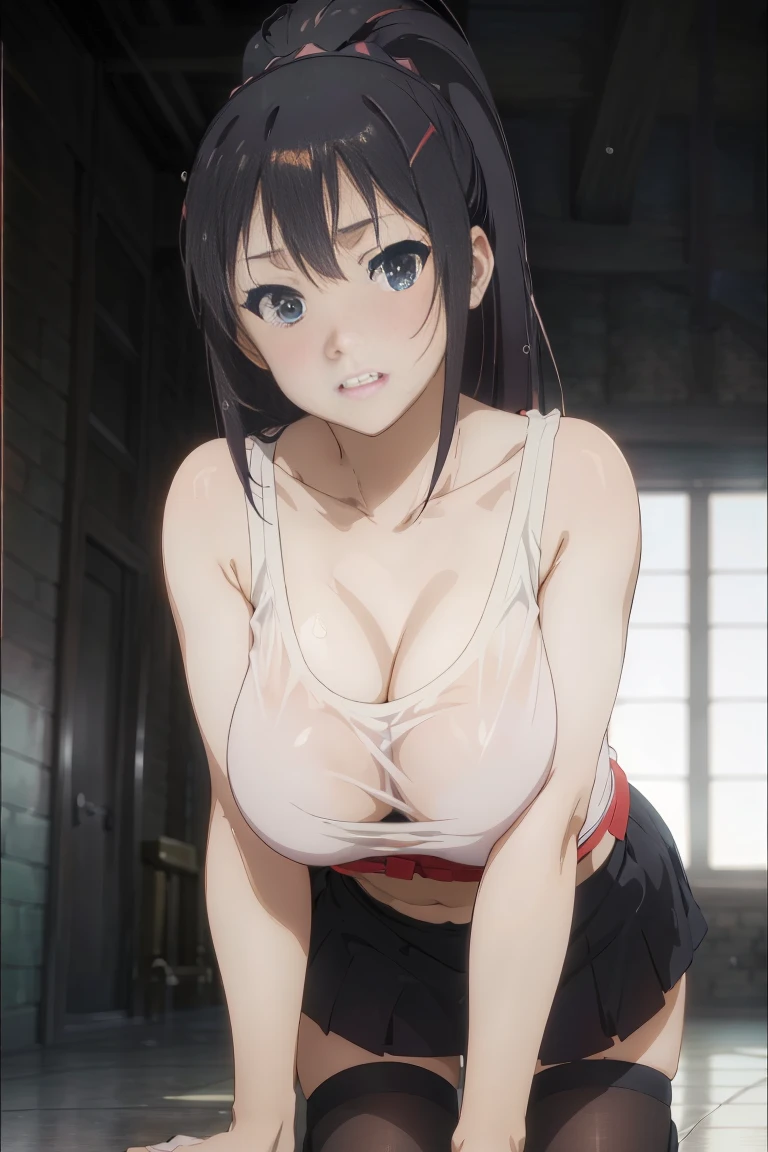 1 Girl,alone,Long Hair,High Ponytail,Side Lock,Watching the audience,(黄colorいまつげ:1.2),Blonde Hair,NSFW
,White tank top,Bare shoulders,Large Breasts,Cleavage,,Nipples,NSFW,Open Tank Top,See-through,Wet clothes,Purple Hair,Buttocks visible from thighs,Knee socks,, 20 years,young woman,beautiful指,beautiful長い脚,beautiful体,beautiful鼻,beautifulキャラクターデザイン, Perfect Eyes, perfect face,Expressive eyes,
Watching the audience,
Official Art,Highly detailed CG Unity 8k wallpaper, Perfect lighting,colorful, bright_front_face_Lighting,Glowing Skin,
(masterpiece:1.0),(Highest_quality:1.0), 超High resolution,4K,Ultra-detailed,
photograph, 8K, HDR, High resolution, Disorganized:1.2, Kodak Portrait 400, Film Grain, Blurred Background, Bokeh:1.2, Lens flare, (Vibrant_color:1.2), (beautiful_face:1.5),(narrow_Waist), ,NSFW,.Provocative.NSFW underboob,NSFW milk,NSFWにClimax,blush,Double teeth,アヘface,Sweat gushing out, ,,slender,Climax,,Trembling girl,,Skinny Legs, ,Knee-high socks、faceの周りにハート、White tank top、Tank top underboob、fine、face周りにハート、Pull up your tank top、Nipples、Big Tits