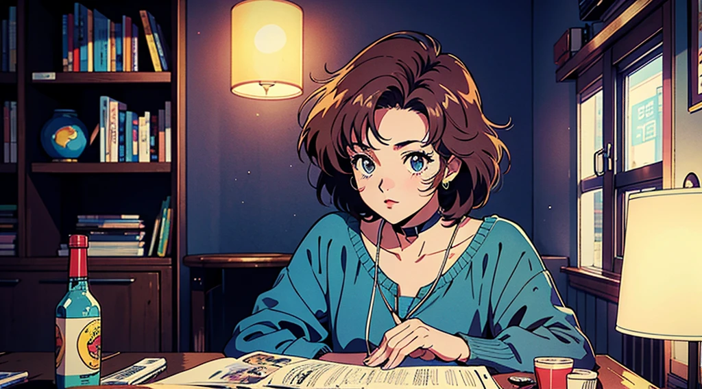(((Movie angle))), Bed in a room with bookshelves, Night sky outside the window, City outside the window, Bedside tables, Table lamp, Socks scattered on the floor, Cushions on the floor, (Tabletop:1.5, highest quality:1.5), ((Vaporwave Style, Partially colored)), (((vanilla))), Retro Anime, 1990s anime, 1980s anime, Retro Anime style, masterpiece, highest quality, Beautiful Anime, (ultra-Detailed Background, Detailed Background), High resolution, Very detailed, Lo-fi illustration, anime art wallpaper 4k, anime art wallpaper 4k,