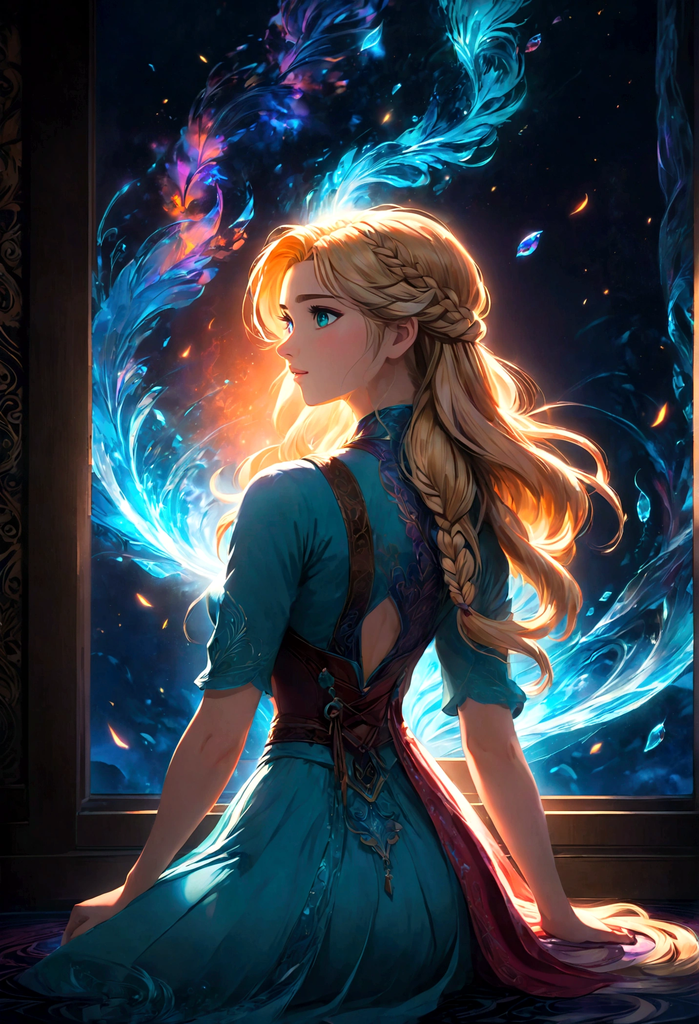 1girl, elsa, braided hair, long hair, (Back View:1.4), indoor, sit by the window, anime screenshot, source_anime, dramatic composition, cinematic dynamic action scene, vibrant colors, cinematic lighting, dramatic lighting, best quality, masterpiece, very aesthetic, perfect composition, intricate details, ultra-detailed