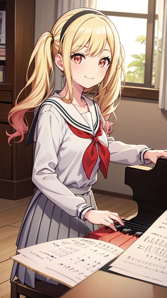 masterpiece, best quality, highres, 1girl, solo, ichigaya arisa, twintails, x hair ornament, , pleated dress, pantyhose, tenmasaki, shirt, long sleeves, twintails , sidelocks, pleated skirt, hairband, serafuku, sailor collar, side ponytail, sweater, neckerchief, eyelashes, buttons, swept bangs, wavy hair, red neckerchief,  grey skirt, white sailor collar, orange bow, happy, smile, cowbow shot, piano, sit, playing piano, piano room